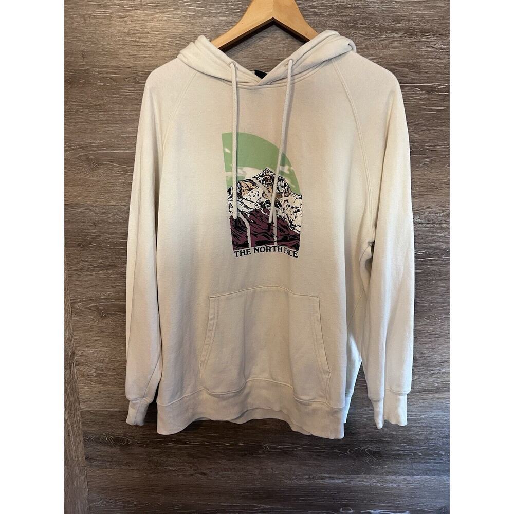 The North Face Men Pullover Hoodie Size L Ivory Mountain Print Logo